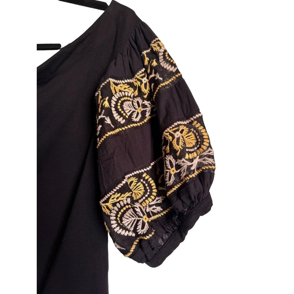 Boho Festival Free People Black Embroidered Puff Sleeve Off Shoulder Top‎ Med